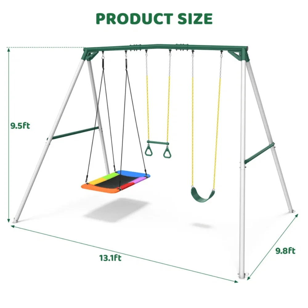 9.5′ Heavy Duty Metal Swing Set with Belt Swing, Trapeze Bar thumbnail 3