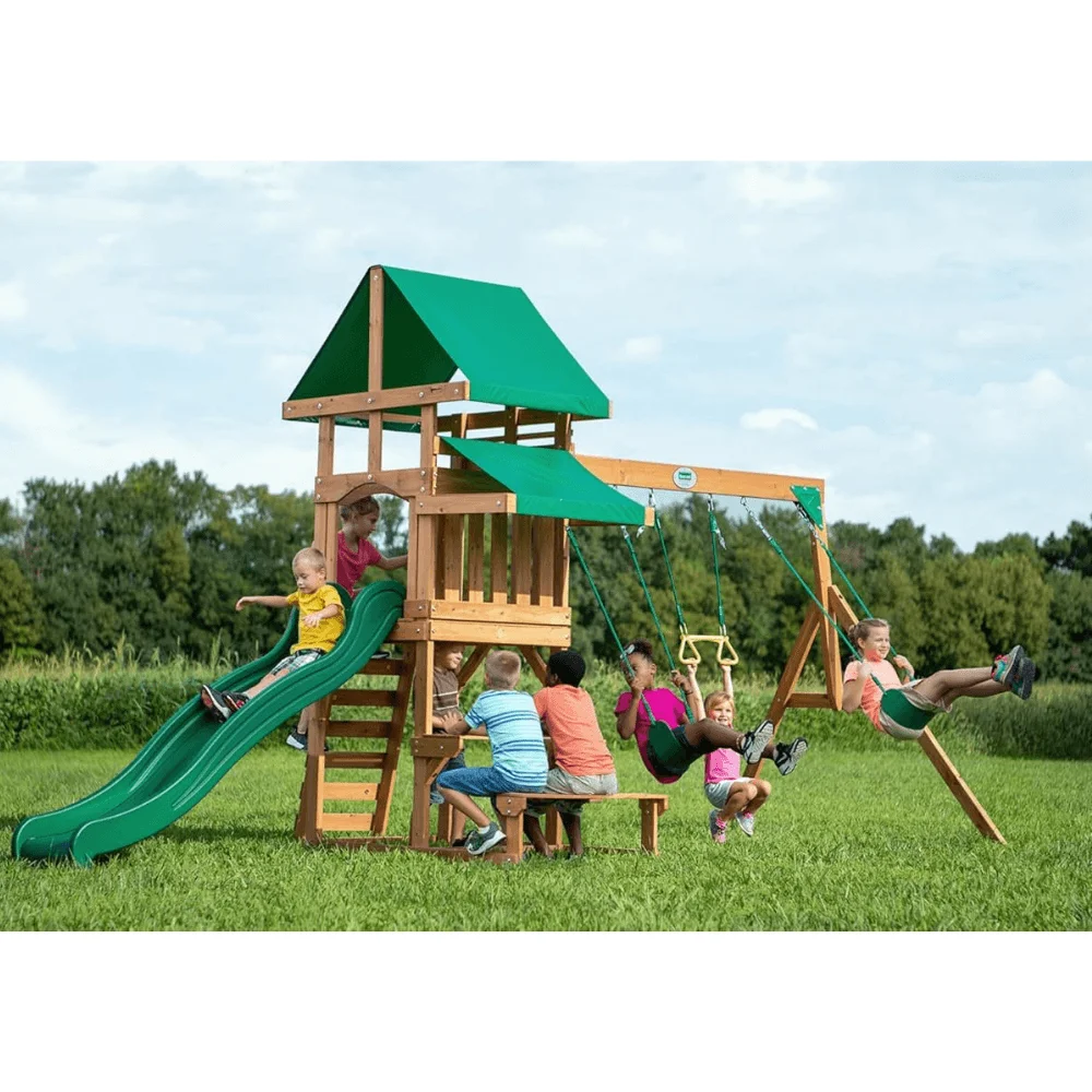 Canyon Creek All Cedar Swing Set Playset w/ Rockwall Upper Fort Belt Swings Web Swing Gray Wave Slide, and Play Kitchen thumbnail 2