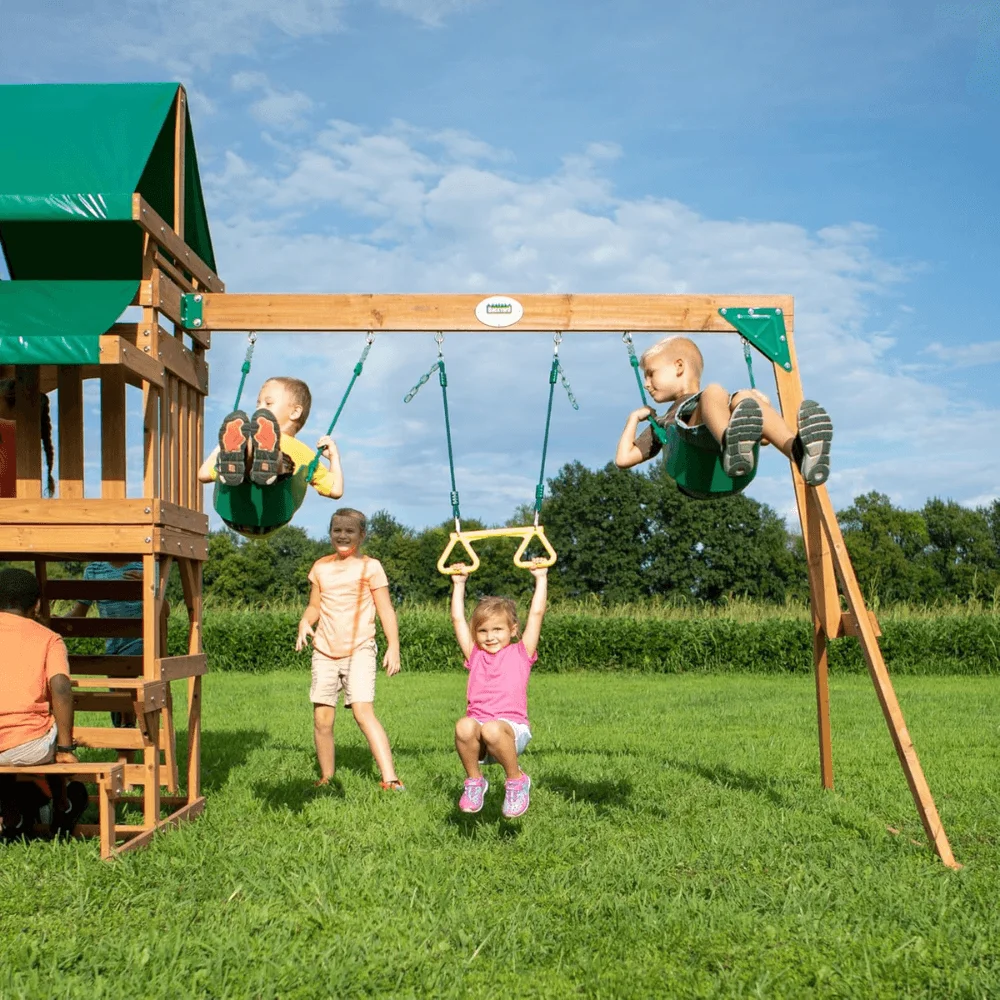 Canyon Creek All Cedar Swing Set Playset w/ Rockwall Upper Fort Belt Swings Web Swing Gray Wave Slide, and Play Kitchen thumbnail 3