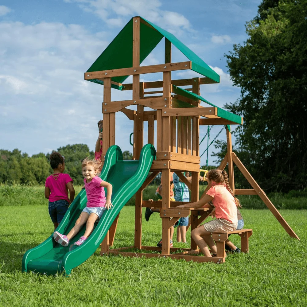 Canyon Creek All Cedar Swing Set Playset w/ Rockwall Upper Fort Belt Swings Web Swing Gray Wave Slide, and Play Kitchen thumbnail 5