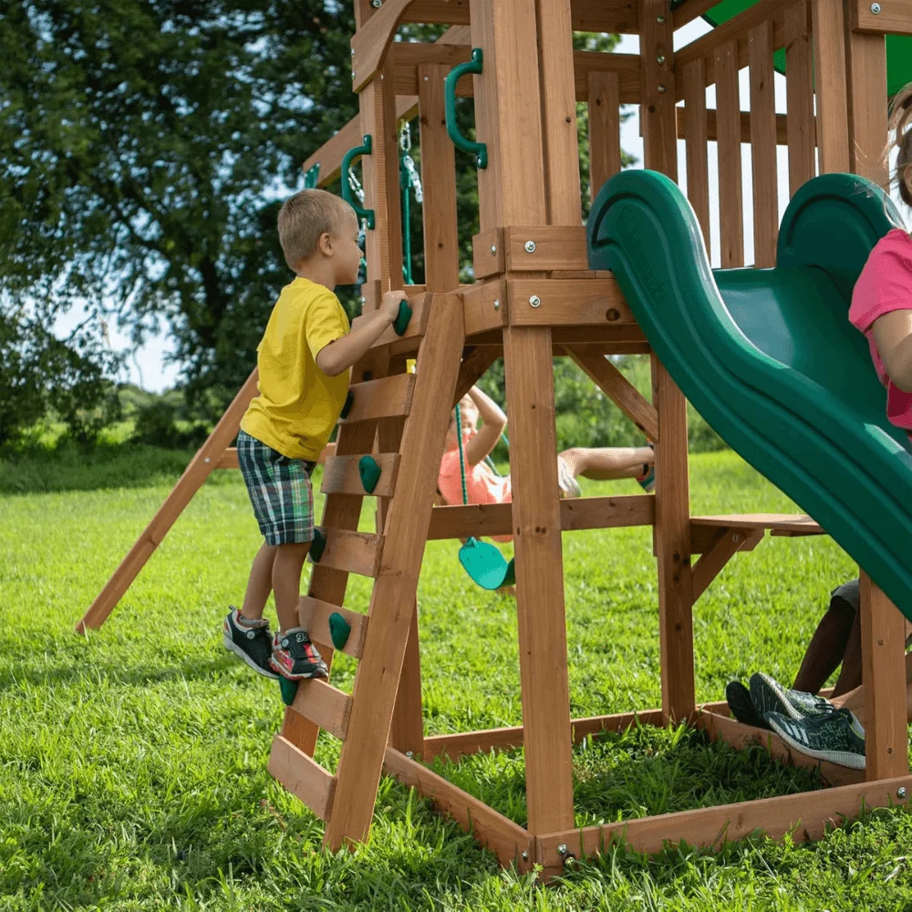 Canyon Creek All Cedar Swing Set Playset w/ Rockwall Upper Fort Belt Swings Web Swing Gray Wave Slide, and Play Kitchen thumbnail 6