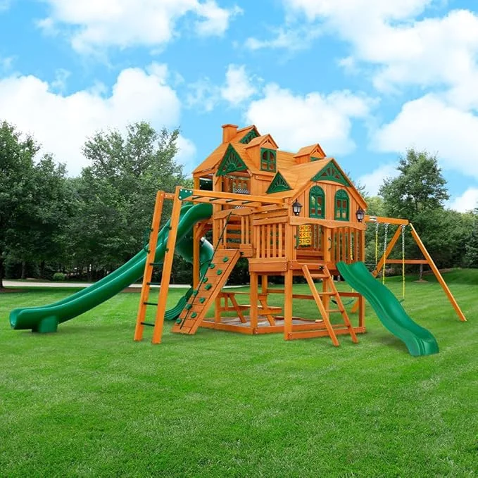 Gorilla Playsets Empire Extreme Wooden Swing Set with Monkey Bars, Clatter Bridge, Tower, and 3 Slides thumbnail 2