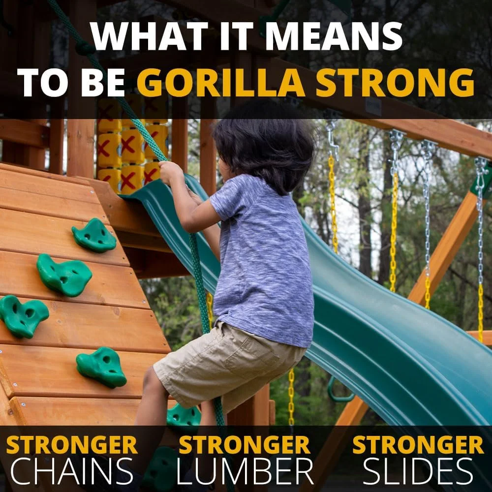 Gorilla Playsets Empire Extreme Wooden Swing Set with Monkey Bars, Clatter Bridge, Tower, and 3 Slides thumbnail 3