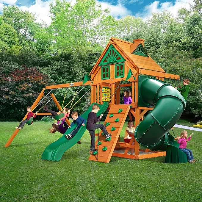 Gorilla Playsets Mountaineer Treehouse Wooden Swing Set with Tube Slide, Rope Ladder, and Sandbox thumbnail 2