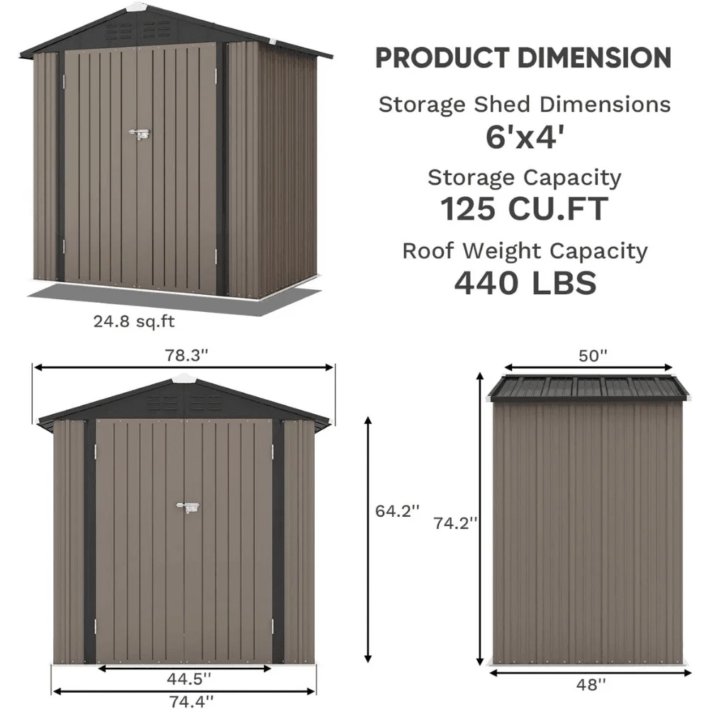 Patiowell 6 ft. W x 4 ft. D Outdoor Storage Brown Metal Shed with Sloping Roof and Double Lockable Door (24.8 sq. ft.) thumbnail 3
