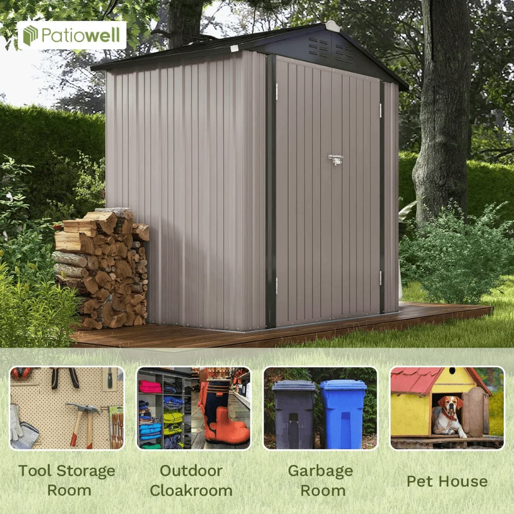 Patiowell 6 ft. W x 4 ft. D Outdoor Storage Brown Metal Shed with Sloping Roof and Double Lockable Door (24.8 sq. ft.) thumbnail 5