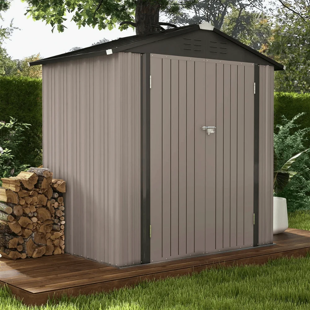 Patiowell 6 ft. W x 4 ft. D Outdoor Storage Brown Metal Shed with Sloping Roof and Double Lockable Door (24.8 sq. ft.) thumbnail 6