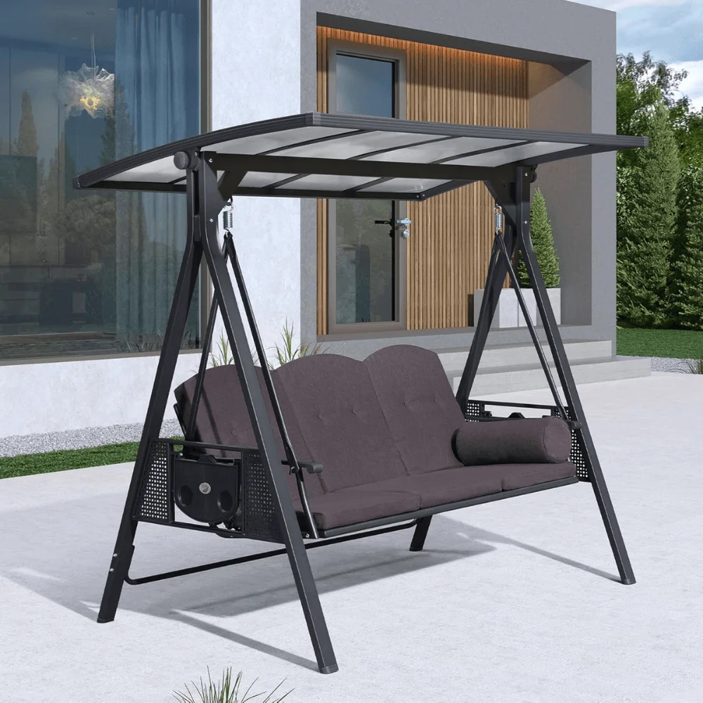 PURPLE LEAF 3-seat Outdoor Patio Porch Swing Adjustable Backrest, Cushions and Pillow Included thumbnail 2