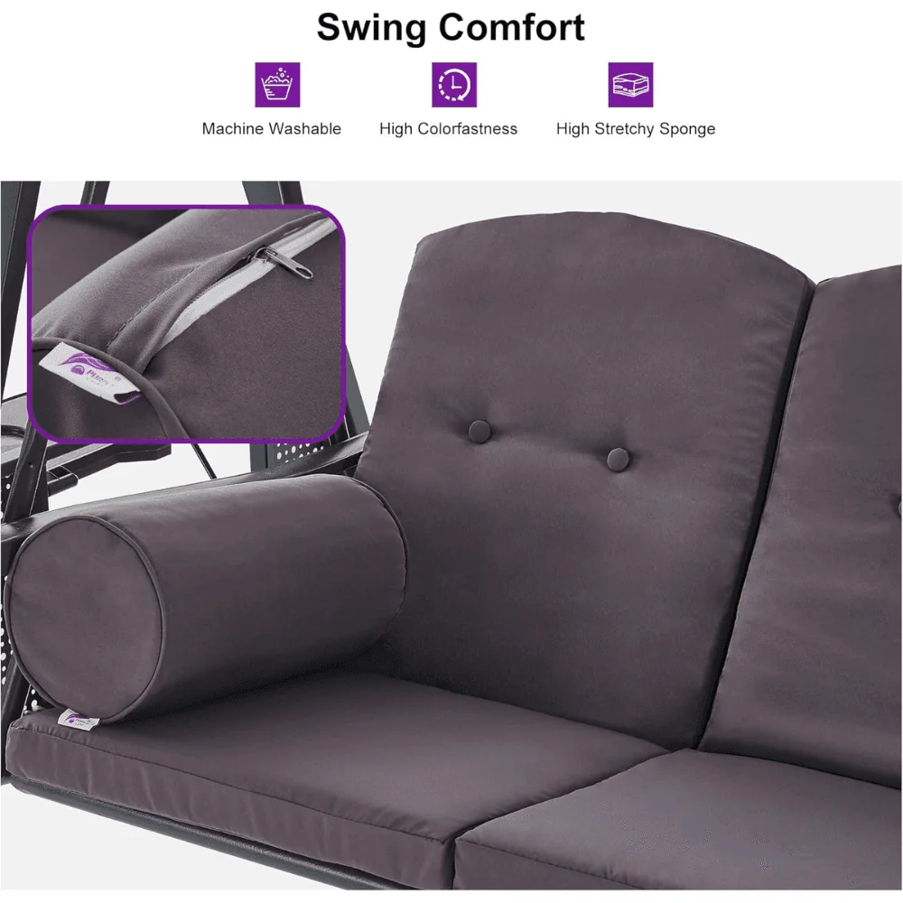 PURPLE LEAF 3-seat Outdoor Patio Porch Swing Adjustable Backrest, Cushions and Pillow Included thumbnail 4