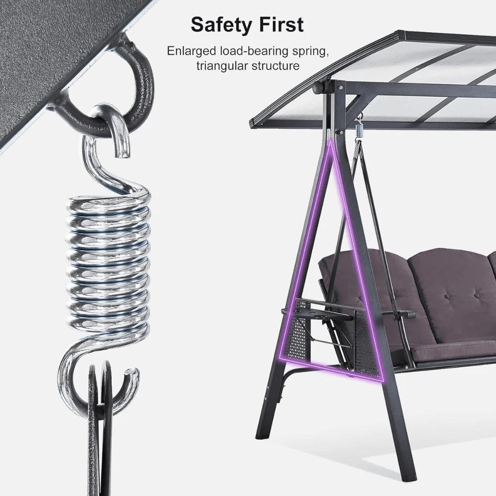 PURPLE LEAF 3-seat Outdoor Patio Porch Swing Adjustable Backrest, Cushions and Pillow Included thumbnail 5