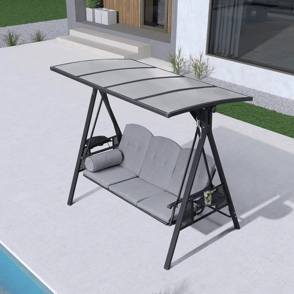 PURPLE LEAF 3-seat Outdoor Patio Porch Swing Adjustable Backrest, Cushions and Pillow Included thumbnail 6