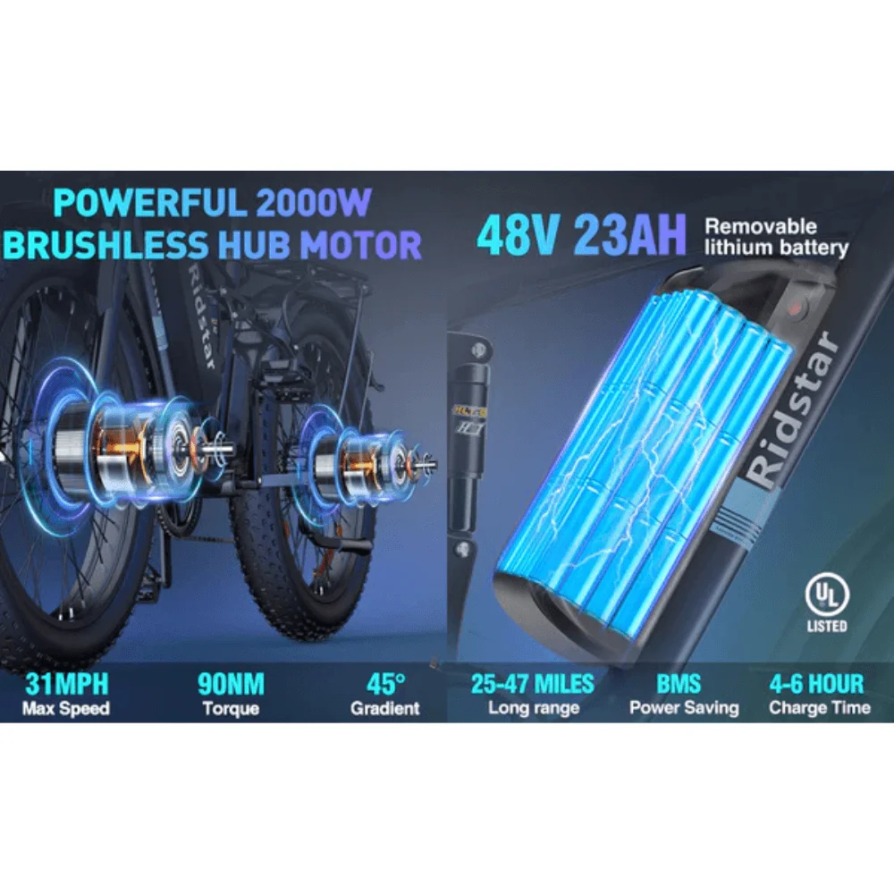 Ridstar E26 Pro Dual Motor 2000W 48V 23AH / E26 1000W 48V 15.6AH E-Bike thumbnail 5