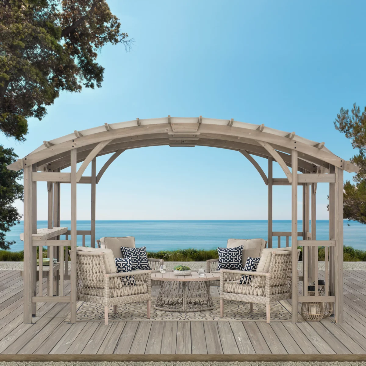 Sunjoy Bellucci 10 x 14 ft. Light Grey Outdoor Cedar Wood Framed Arched Pergola