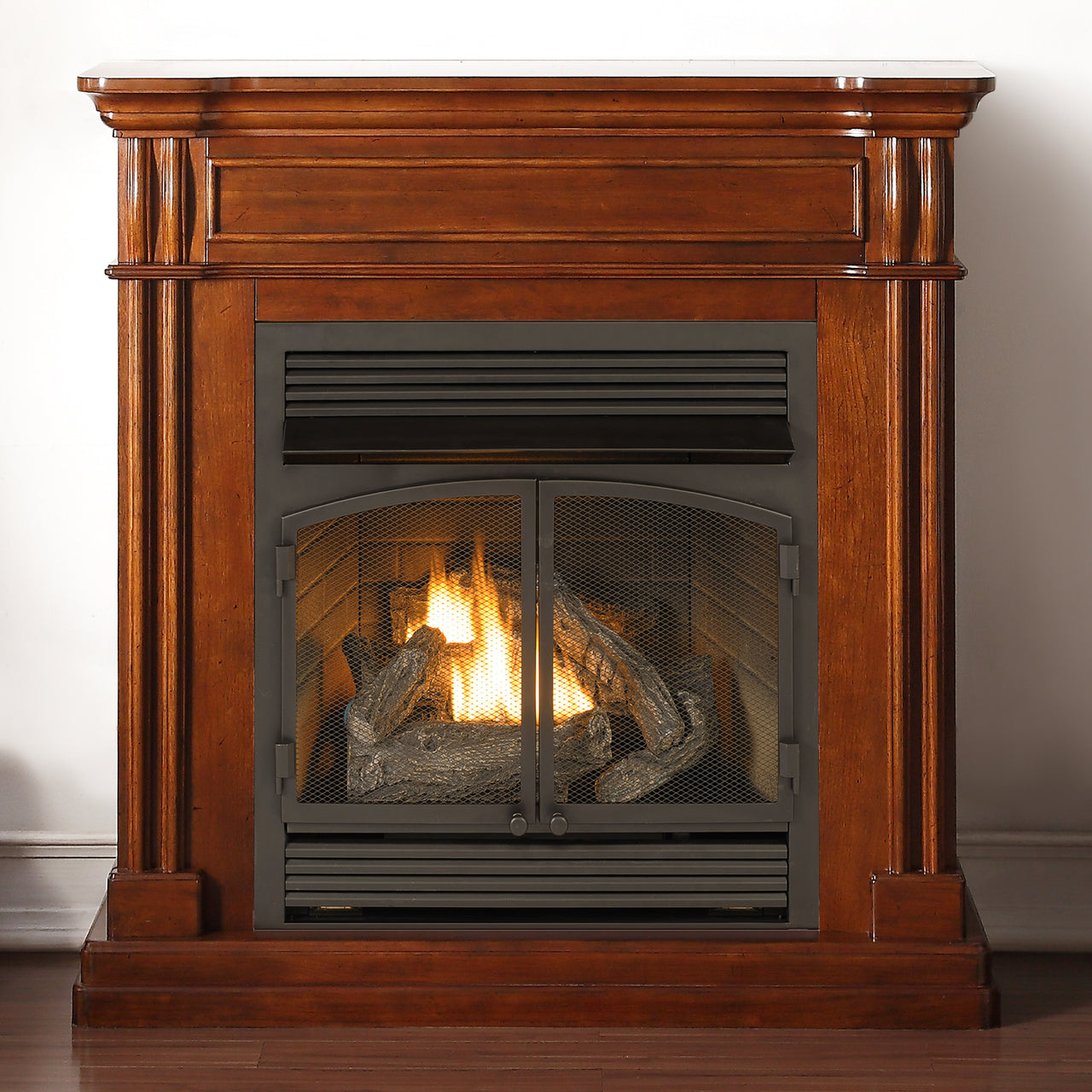 Duluth Forge Dual Fuel Ventless Gas Fireplace With Mantel – 32,000 BTU, T-Stat Control, Walnut Finish – Model# DFS-400T-2W