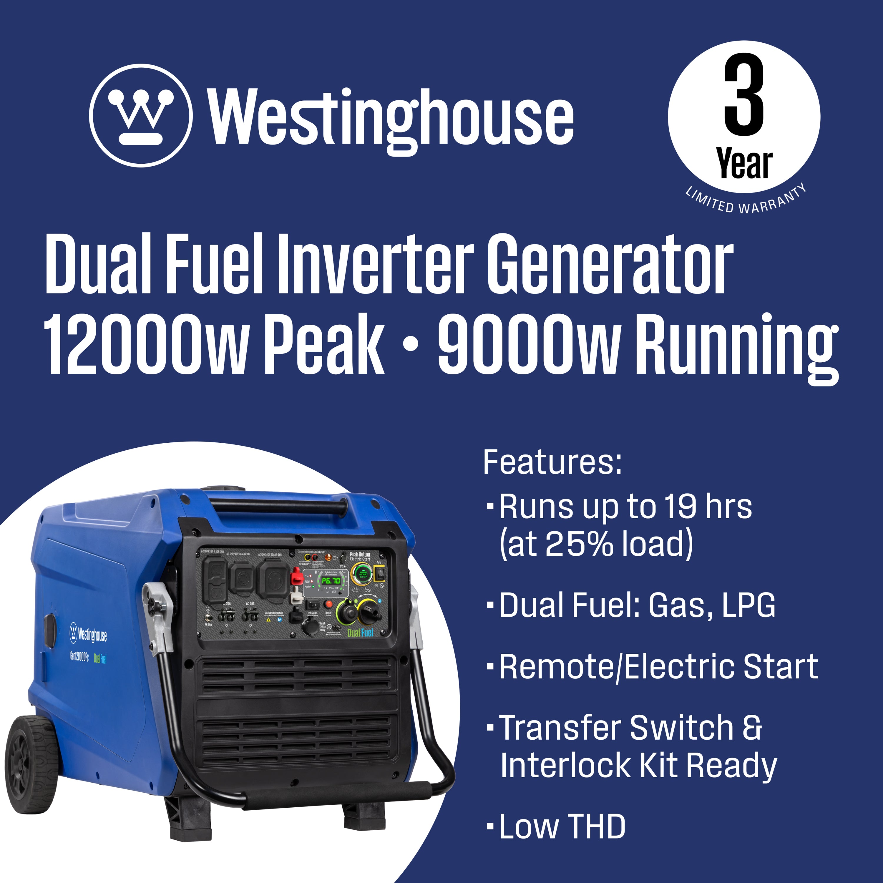 Westinghouse iGen12000DFC 12,000-Watt Dual Fuel Inverter Generator with CO Sensor thumbnail 3