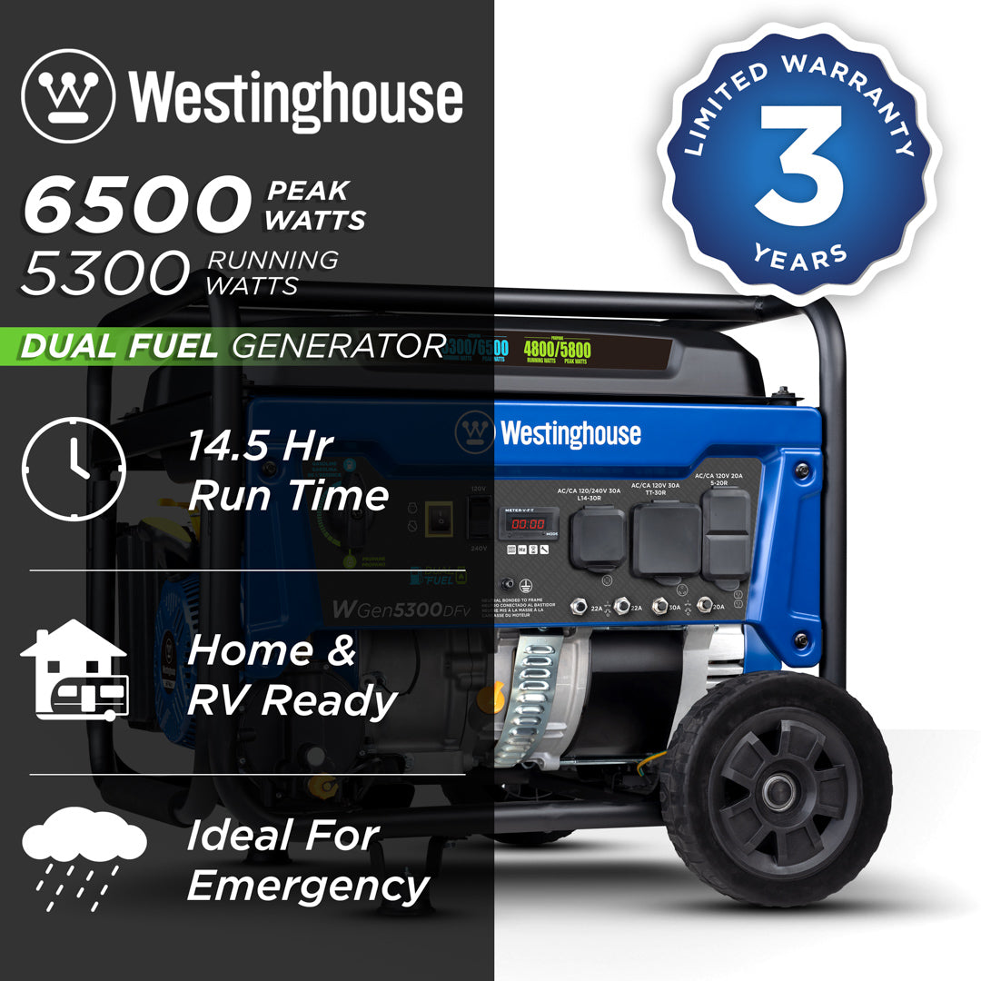 Westinghouse WGen5300DFv Dual Fuel Portable Generator with RV Ready 30A Outlet thumbnail 5