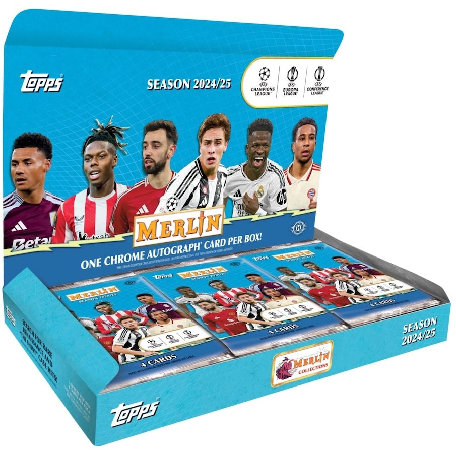 2024-25-Topps-Merlin-UEFA-Club-Competitions-Soccer-Sealed-Hobby-box 2024-25 Topps UEFA Club Competitions Merlin Chrome Soccer Hobby 12 Box Case - Image 1