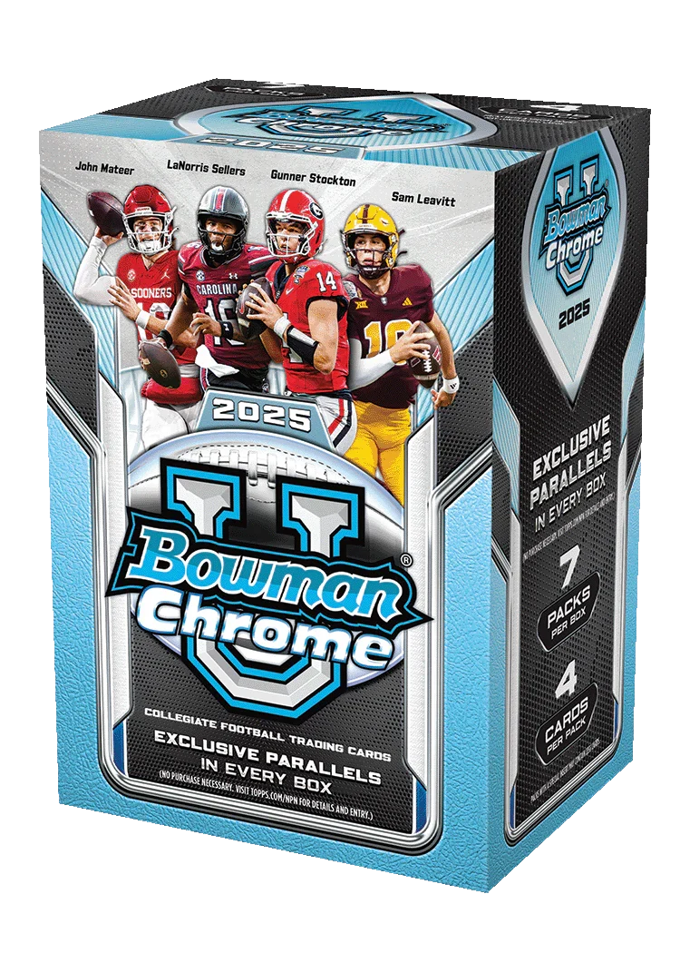4998b7b89d544184621879fe6e5c720ba5f0bb18_Bowman_U_Chrome_Football_Value 2025 Bowman Chrome University Football Blaster 40 Box Case - Image 1